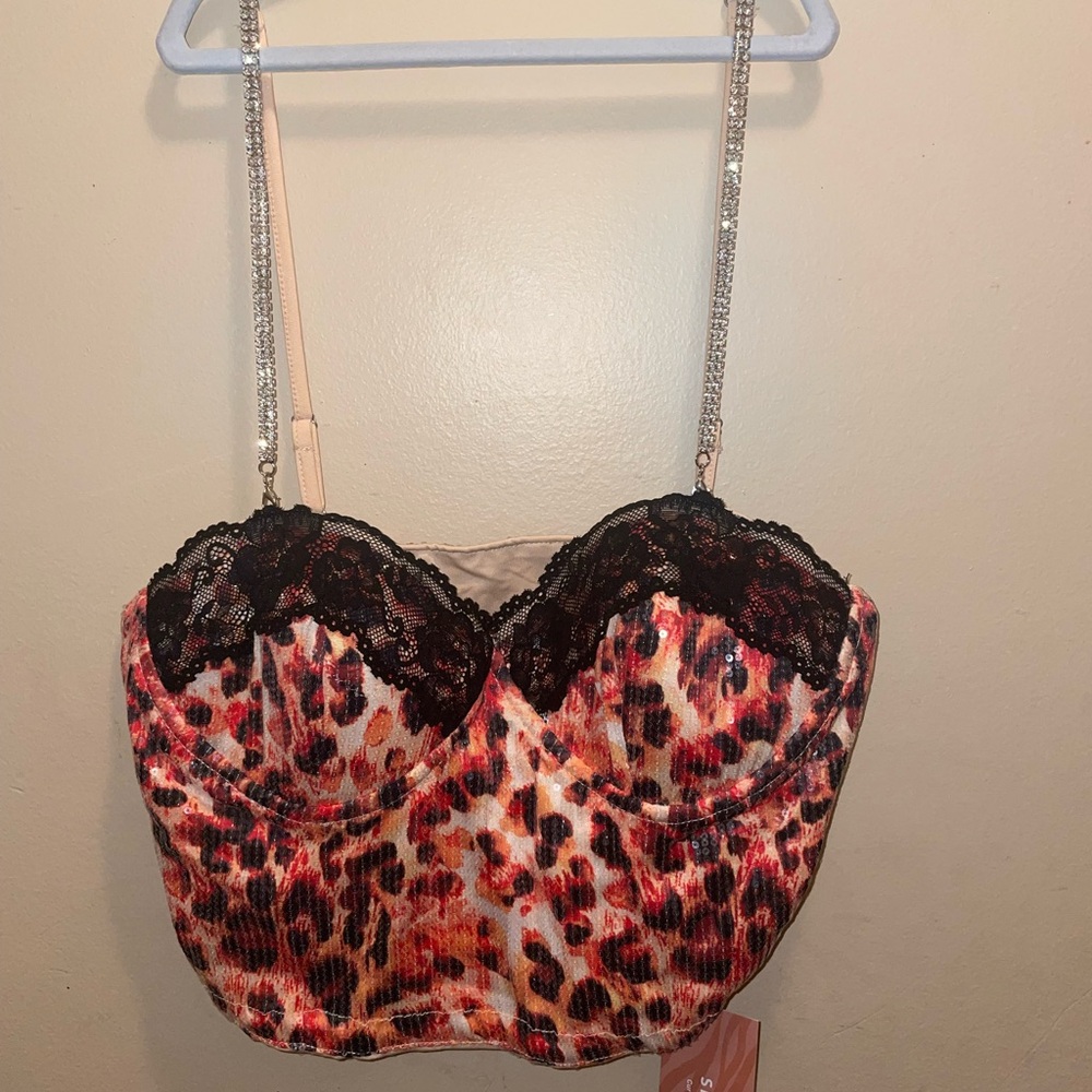 Leopard Print Bustier with Black Lace Trim